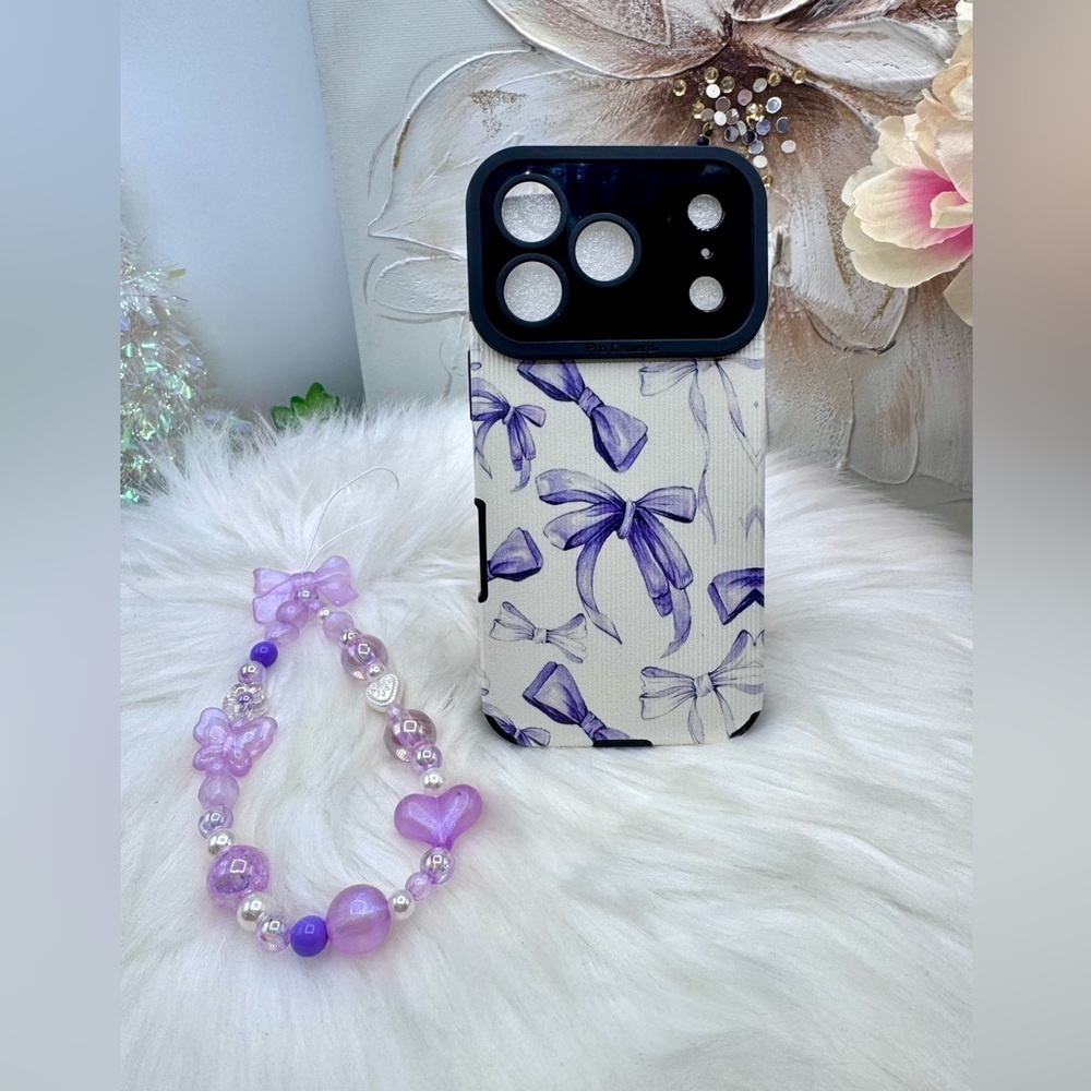 Chic Purple Bow iPhone 17 Pro Case with Phone Bow Beaded lanyard